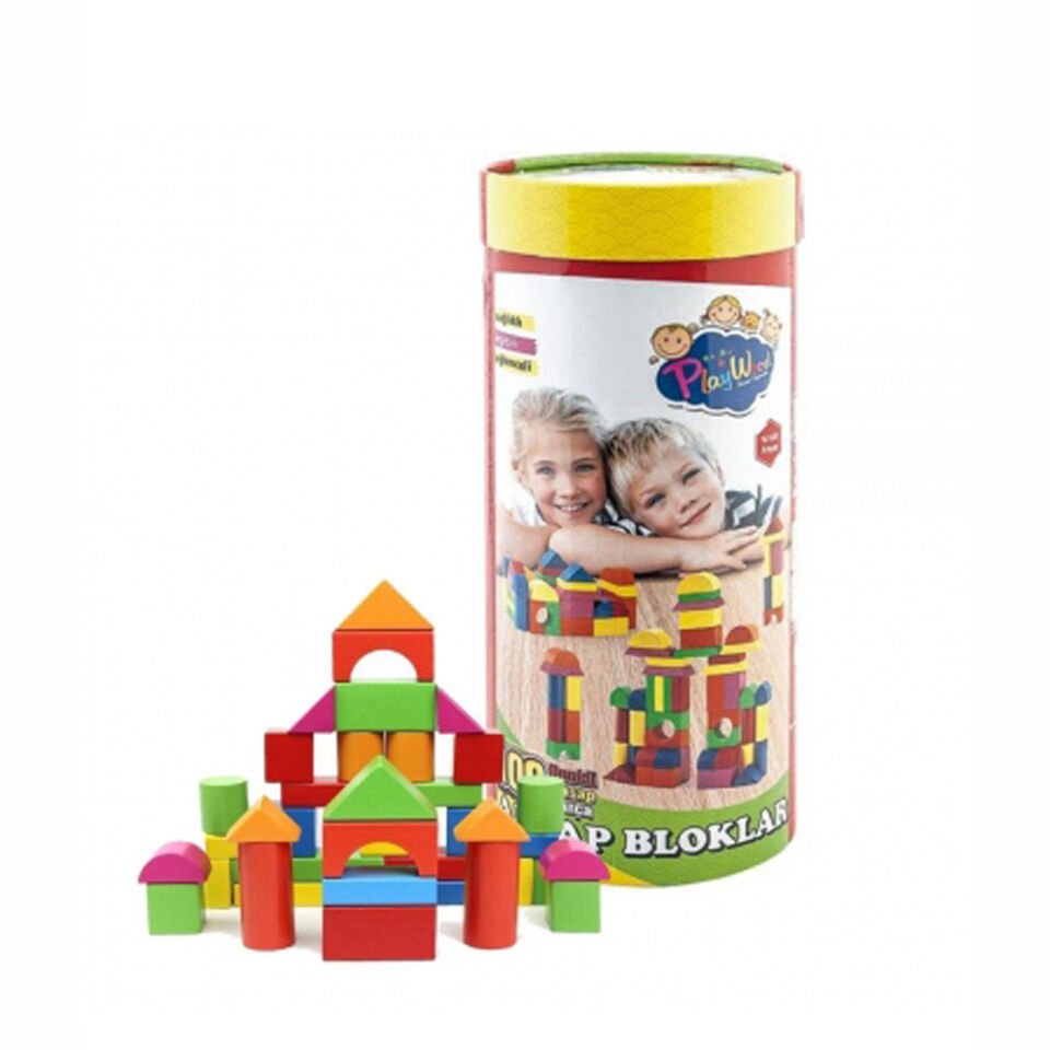 SİLİNDİR KUTUDA 100 PARÇA RENKLİ AHŞAP BLOK KL.12